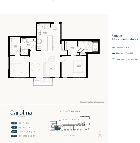 Floor plan for 2 beds, 2 baths, 1074 sqft
